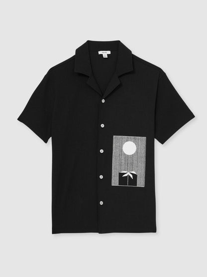 Graphic Print Cuban-Collar Shirt in Black | Reiss Men Best Seller