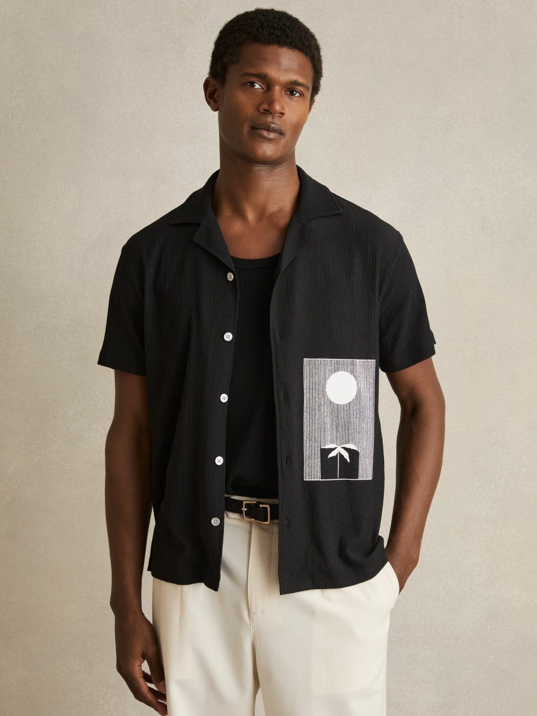 Graphic Print Cuban-Collar Shirt in Black | Reiss Men Best Seller