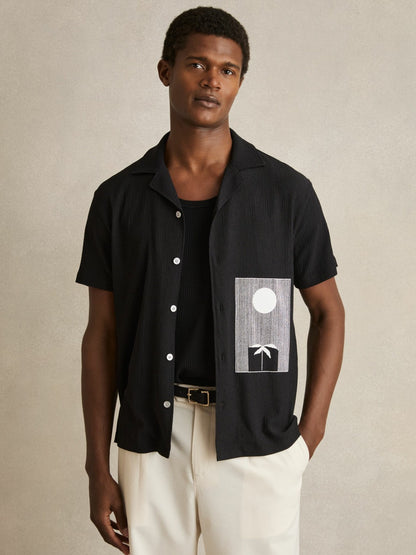 Graphic Print Cuban-Collar Shirt in Black | Reiss Men Best Seller