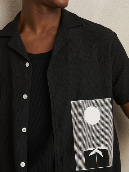 Graphic Print Cuban-Collar Shirt in Black | Reiss Men Best Seller
