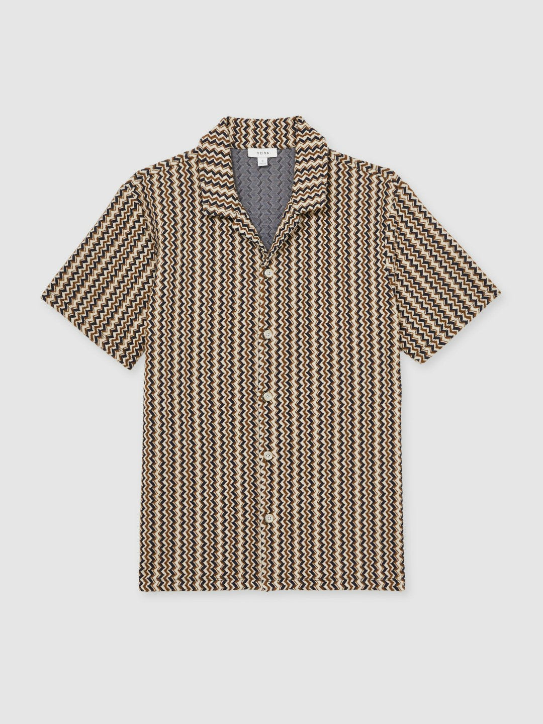Zig-Zag Knit Cuban-Collar Shirt in Tobacco Brown | Reiss Men Recommended