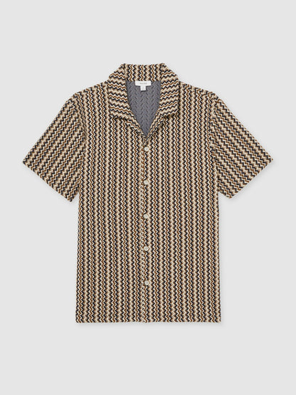 Zig-Zag Knit Cuban-Collar Shirt in Tobacco Brown | Reiss Men Recommended