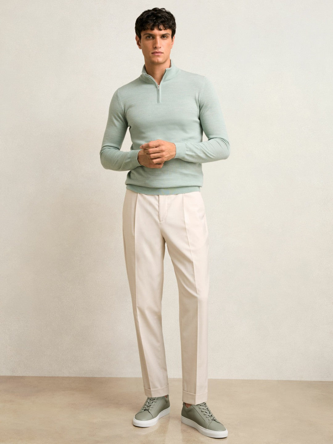 Merino Wool Half-Zip Jumper in Sage Green Melange | Reiss Men Trending