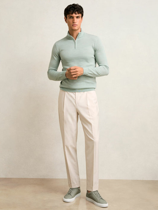 Merino Wool Half-Zip Jumper in Sage Green Melange | Reiss Men Trending