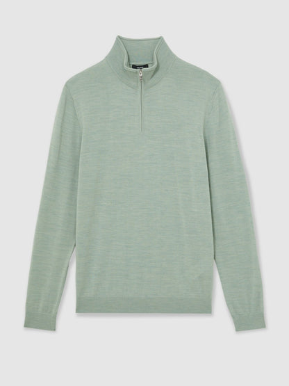 Merino Wool Half-Zip Jumper in Sage Green Melange | Reiss Men Trending