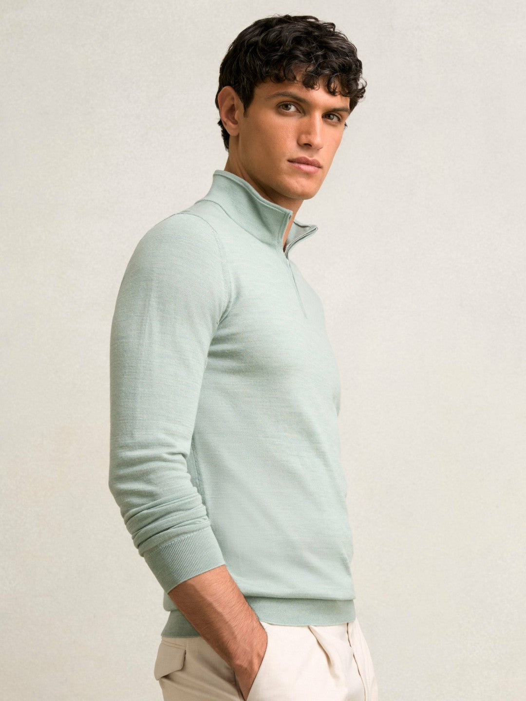 Merino Wool Half-Zip Jumper in Sage Green Melange | Reiss Men Trending