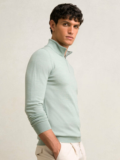Merino Wool Half-Zip Jumper in Sage Green Melange | Reiss Men Trending