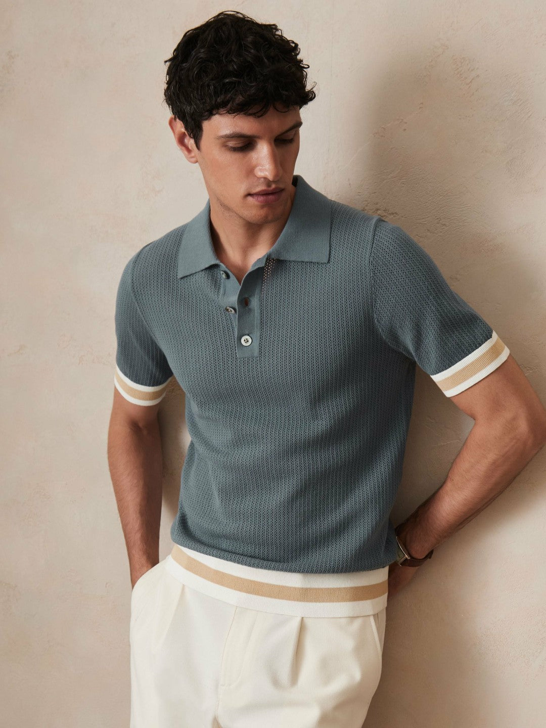 | Ché Cotton Knit Polo Shirt in Airforce Blue | Reiss Men Featured