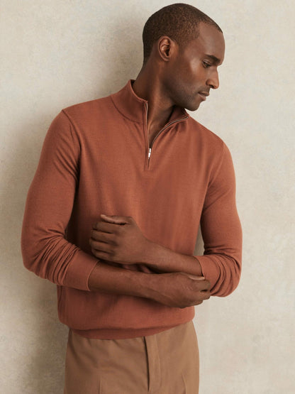 Merino Wool Half-Zip Jumper in Cinnamon Brown | Reiss Men Recommended
