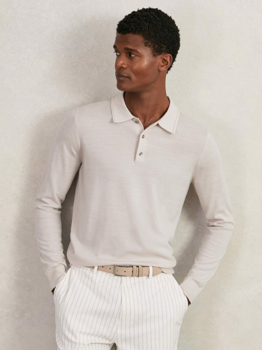 Merino Wool Long-Sleeve Polo Shirt in Beige | Reiss Men Premium