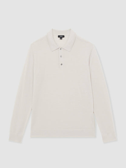 Merino Wool Long-Sleeve Polo Shirt in Beige | Reiss Men Premium