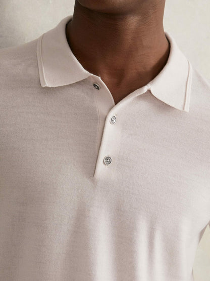 Merino Wool Long-Sleeve Polo Shirt in Beige | Reiss Men Premium