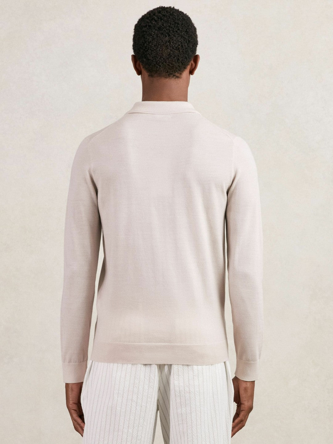 Merino Wool Long-Sleeve Polo Shirt in Beige | Reiss Men Premium