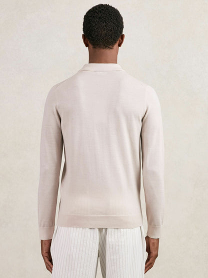Merino Wool Long-Sleeve Polo Shirt in Beige | Reiss Men Premium