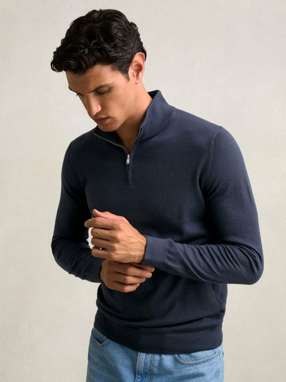 Merino Wool Half-Zip Jumper in Midnight Navy | Reiss Men Best Seller