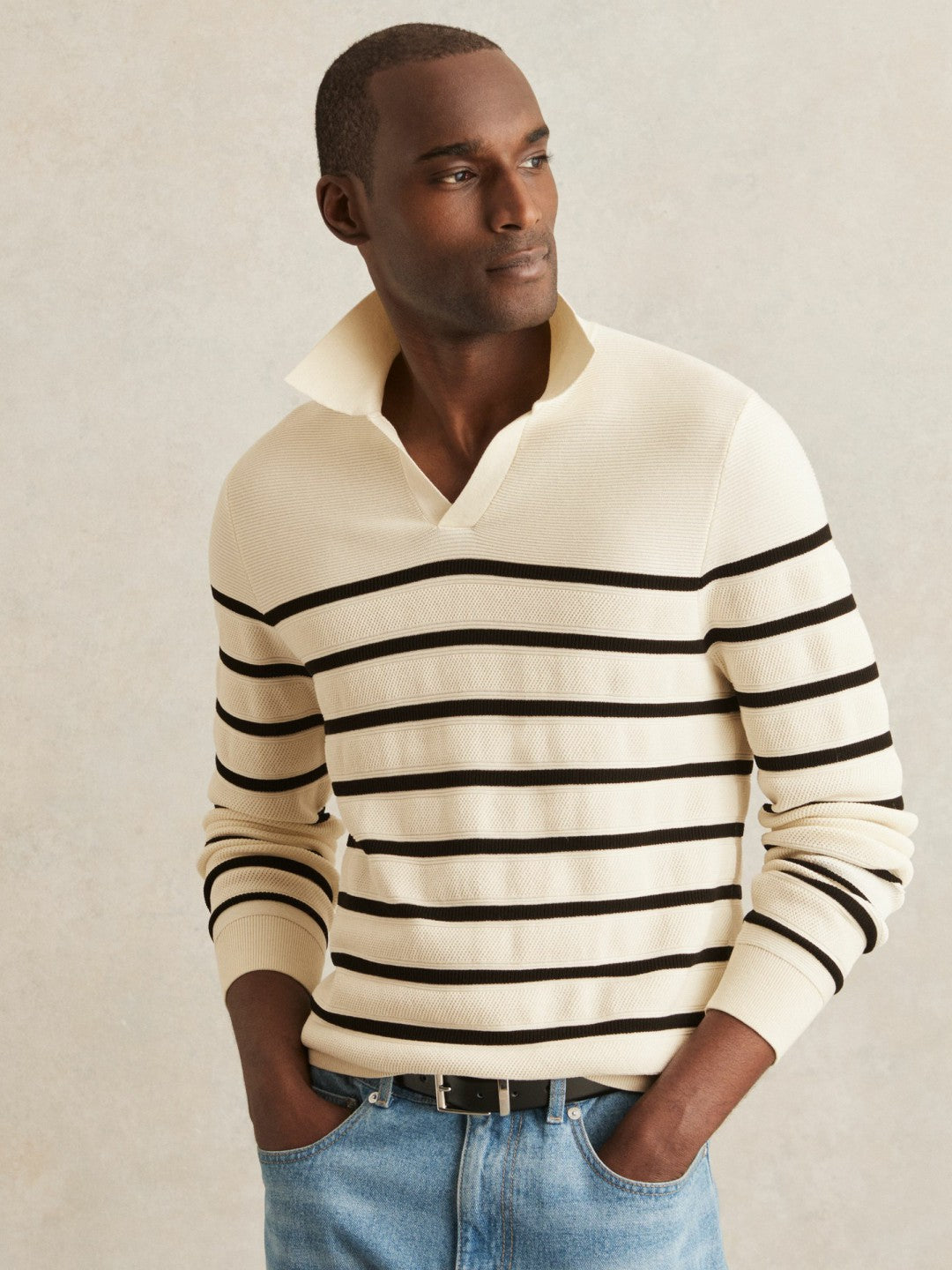 Cotton Blend Stripe Knit Polo Shirt in Warm Stone/Black | Reiss Men Premium