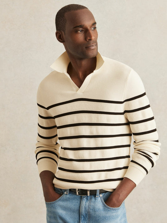 Cotton Blend Stripe Knit Polo Shirt in Warm Stone/Black | Reiss Men Premium