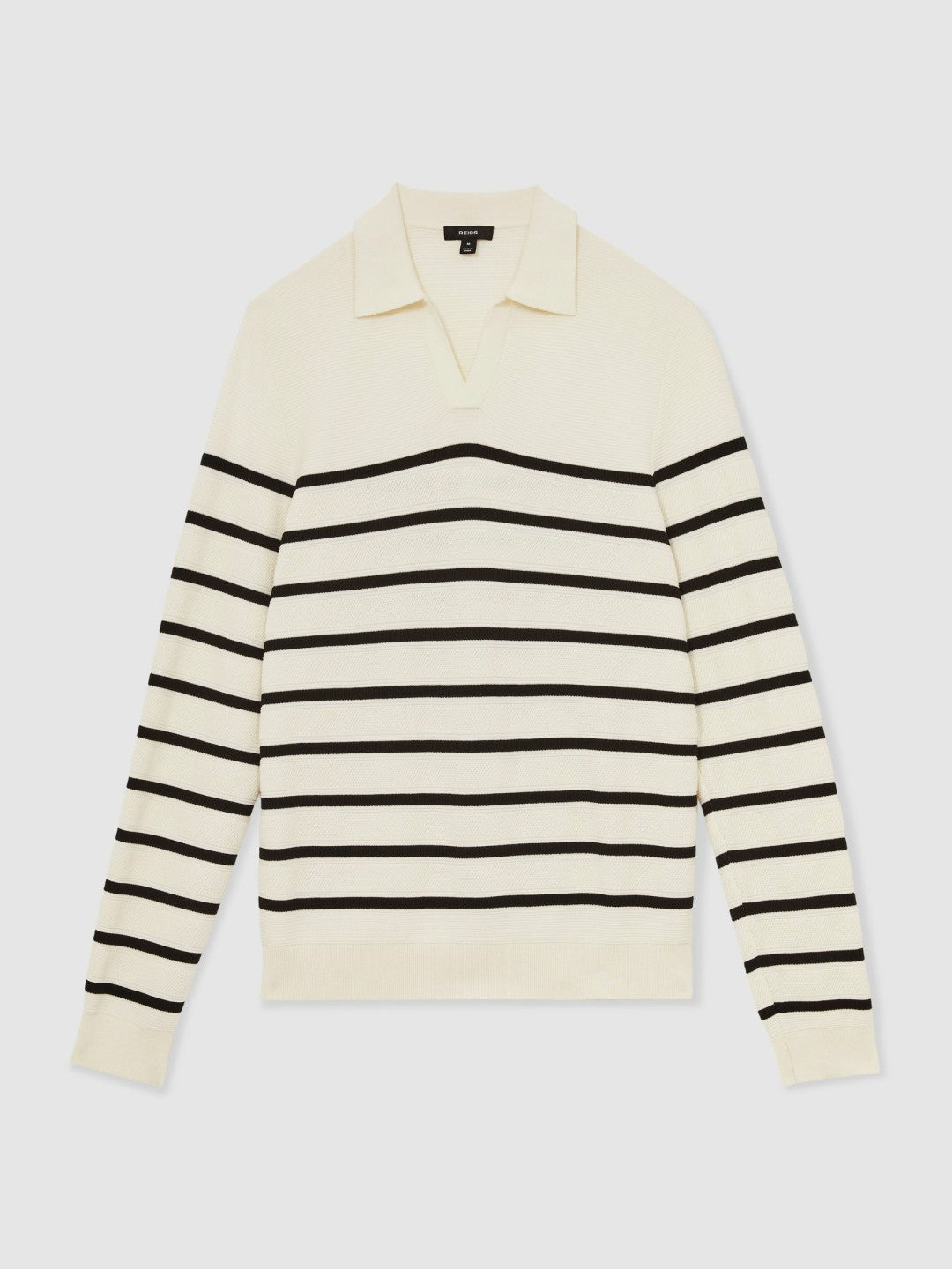 Cotton Blend Stripe Knit Polo Shirt in Warm Stone/Black | Reiss Men Premium