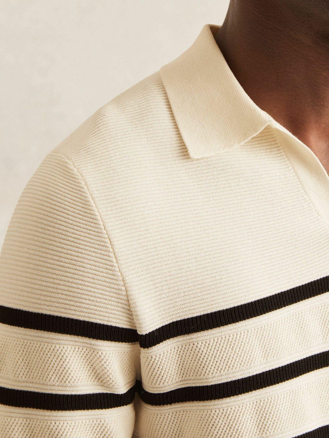 Cotton Blend Stripe Knit Polo Shirt in Warm Stone/Black | Reiss Men Premium