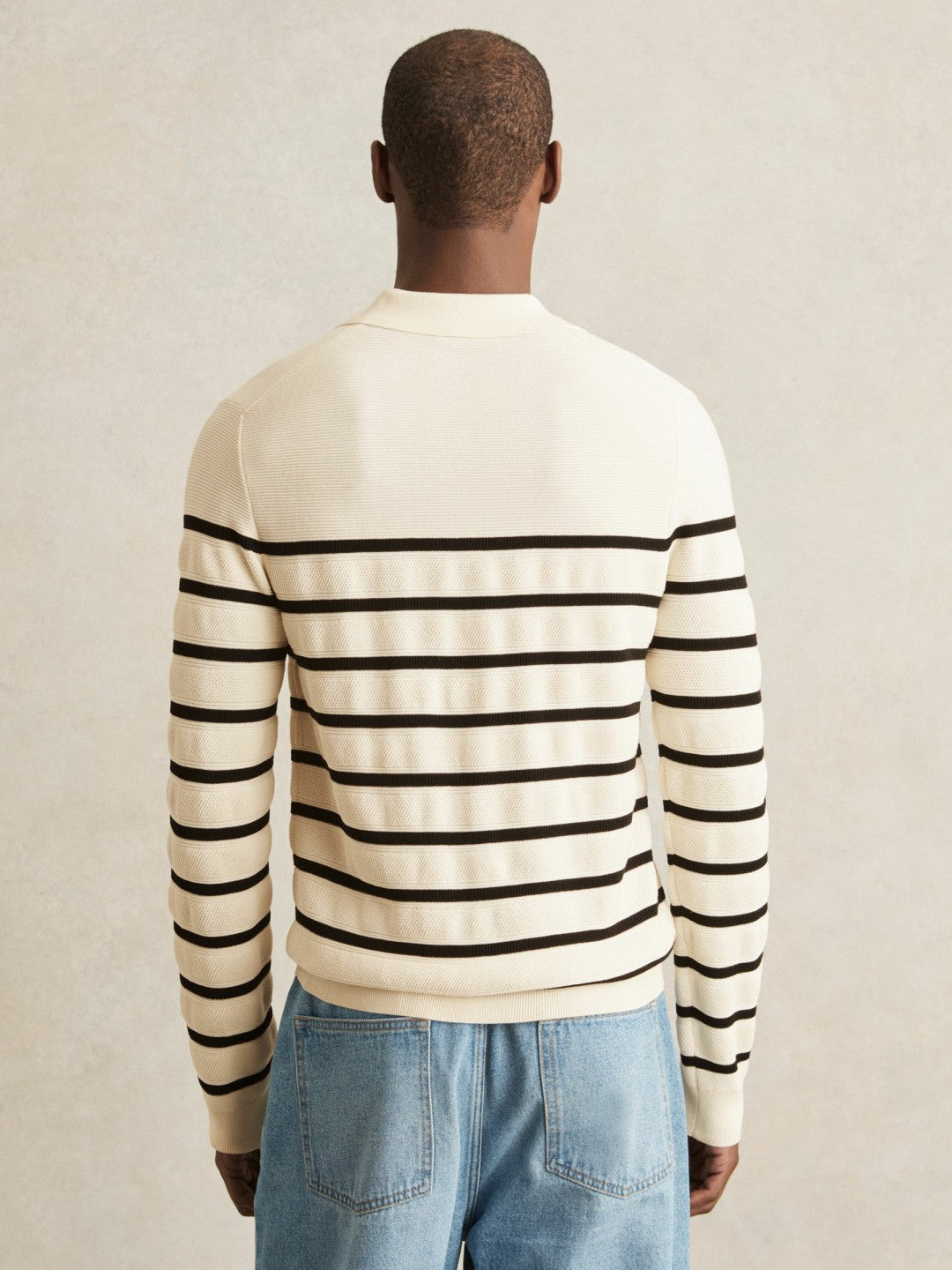 Cotton Blend Stripe Knit Polo Shirt in Warm Stone/Black | Reiss Men Premium