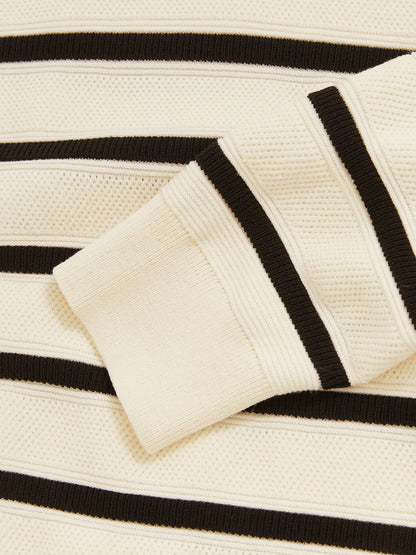 Cotton Blend Stripe Knit Polo Shirt in Warm Stone/Black | Reiss Men Premium