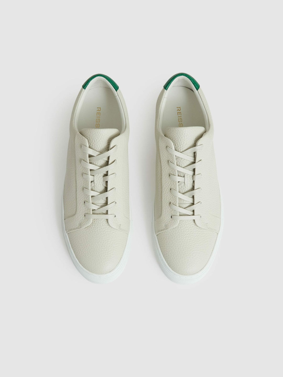 Tumbled-Leather Low-Top Trainers in Off White/Green | Reiss Men Trending