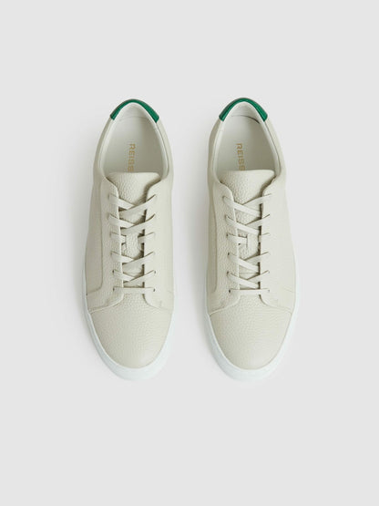 Tumbled-Leather Low-Top Trainers in Off White/Green | Reiss Men Trending