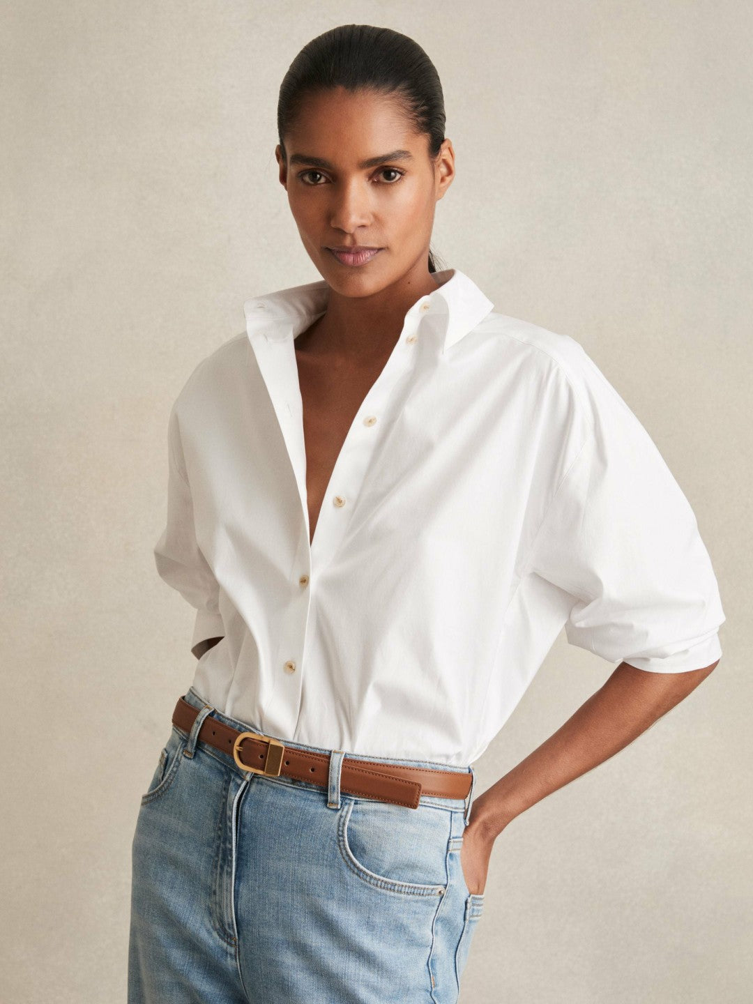 Leather Curved-Buckle Belt in Tan | Reiss Women Recommended