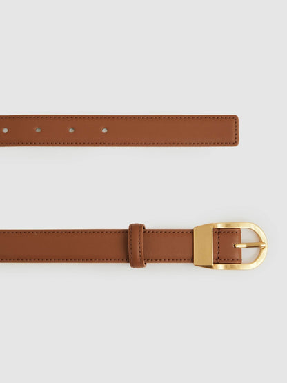 Leather Curved-Buckle Belt in Tan | Reiss Women Recommended
