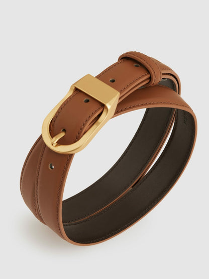 Leather Curved-Buckle Belt in Tan | Reiss Women Recommended