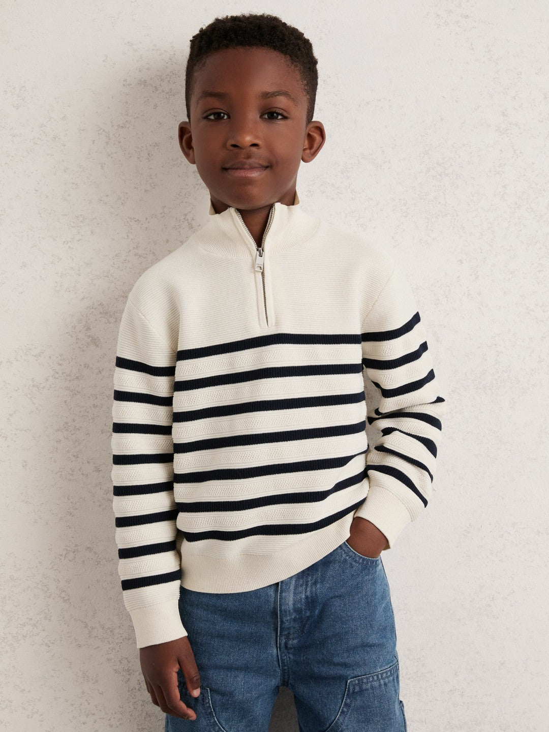 3-9 yrs Cotton-Blend Stripe Half-Zip Jumper in White | Reiss Children & Baby Best Seller