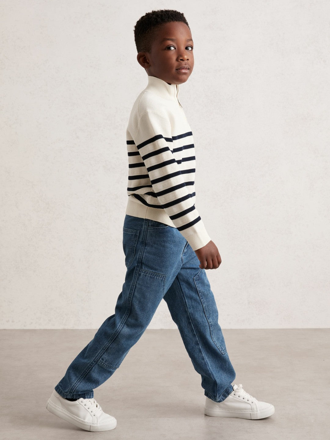 3-9 yrs Cotton-Blend Stripe Half-Zip Jumper in White | Reiss Children & Baby Best Seller