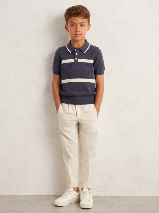 3-9 yrs Cotton Logo-Embossed Knit Polo Shirt in Indigo Blue/White | Reiss Children & Baby Signature