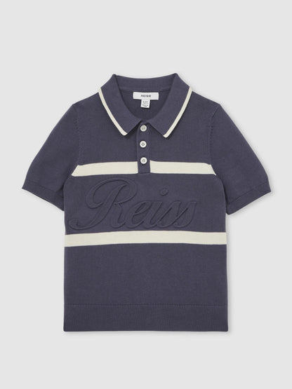 3-9 yrs Cotton Logo-Embossed Knit Polo Shirt in Indigo Blue/White | Reiss Children & Baby Signature