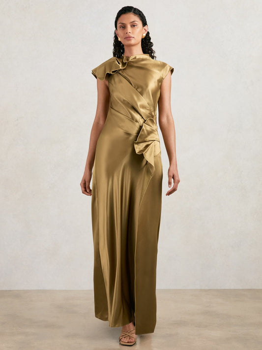 Acler Draped Satin Midi Dress in Gold Moss | Reiss Women Popular