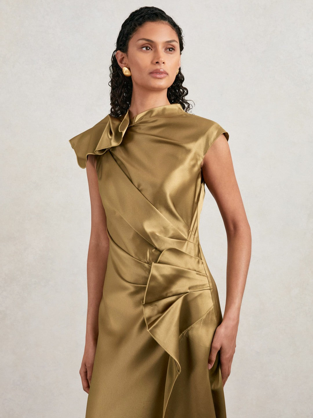 Acler Draped Satin Midi Dress in Gold Moss | Reiss Women Popular