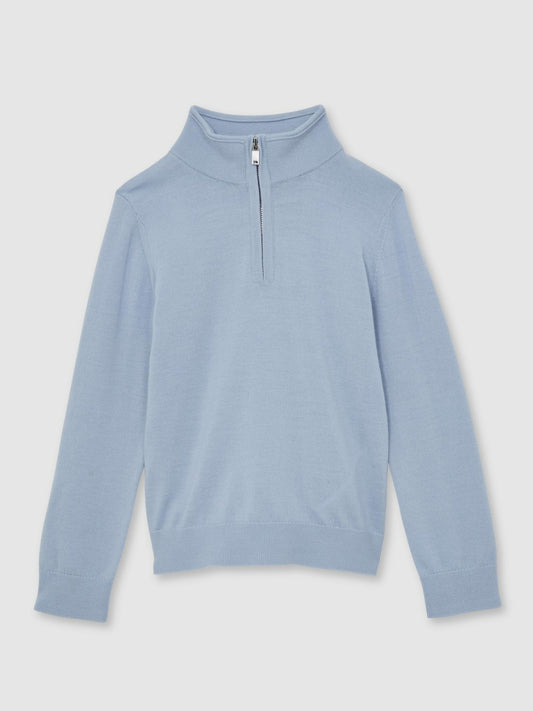 13-14 yrs Merino Wool Half-Zip Funnel Neck Jumper in Soft Blue Melange | Reiss Children & Baby Recommended