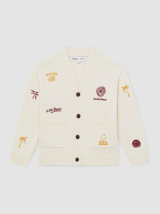 13-14 yrs SmileyWorld Embroidery Cardigan Unisex Fit in Off White | Reiss Children & Baby Premium
