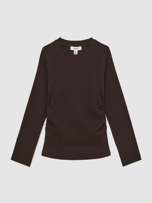 13-14 yrs Cotton Ruched Long-Sleeve T-Shirt with Stretch in Chocolate | Reiss Children & Baby Premium