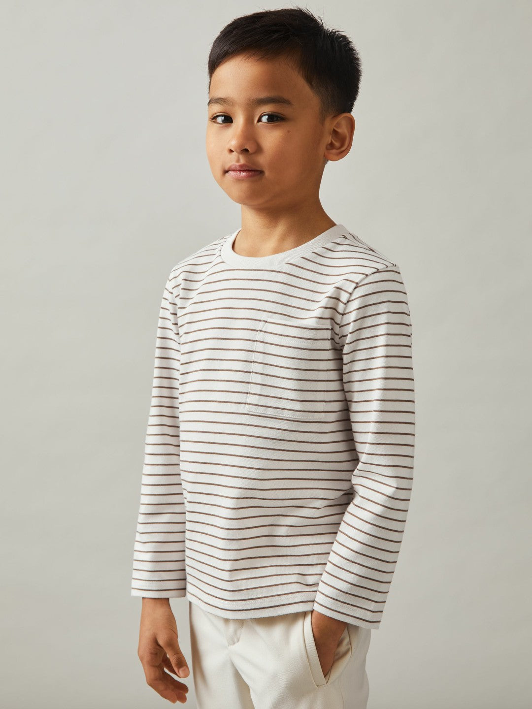 9-13 yrs Stretch-Cotton Stripe T-Shirt in Off White/Camel | Reiss Children & Baby Exclusive