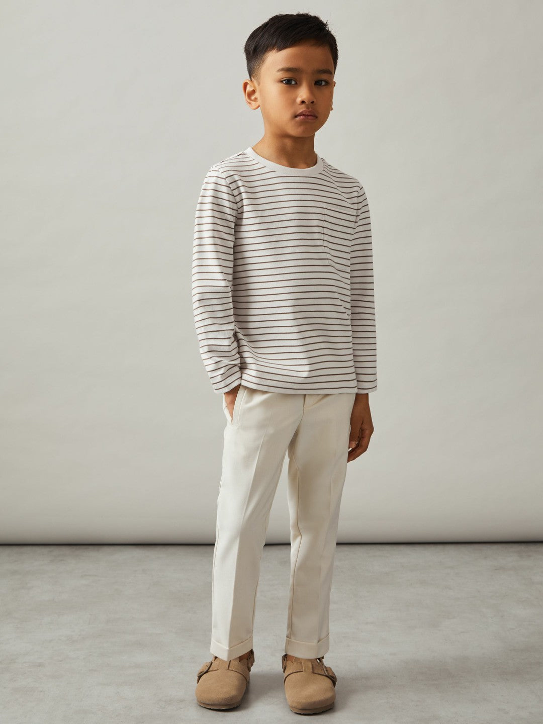 9-13 yrs Stretch-Cotton Stripe T-Shirt in Off White/Camel | Reiss Children & Baby Exclusive