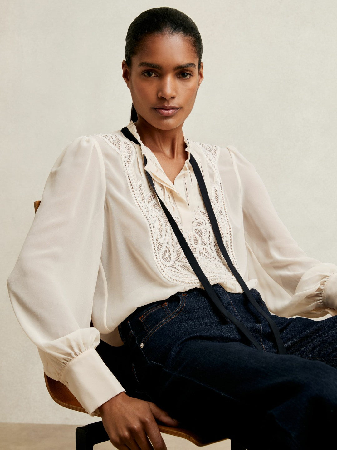 Lace-Embroidered Tie-Neck Shirt in Cream | Reiss Women Signature
