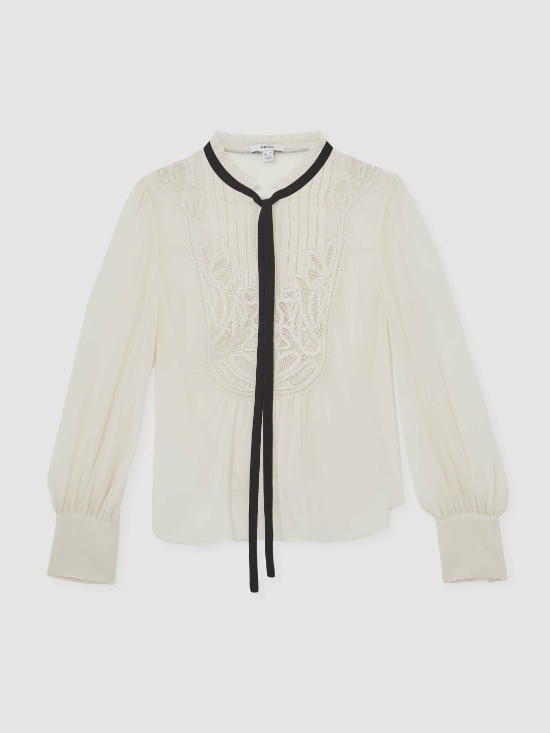 Lace-Embroidered Tie-Neck Shirt in Cream | Reiss Women Signature