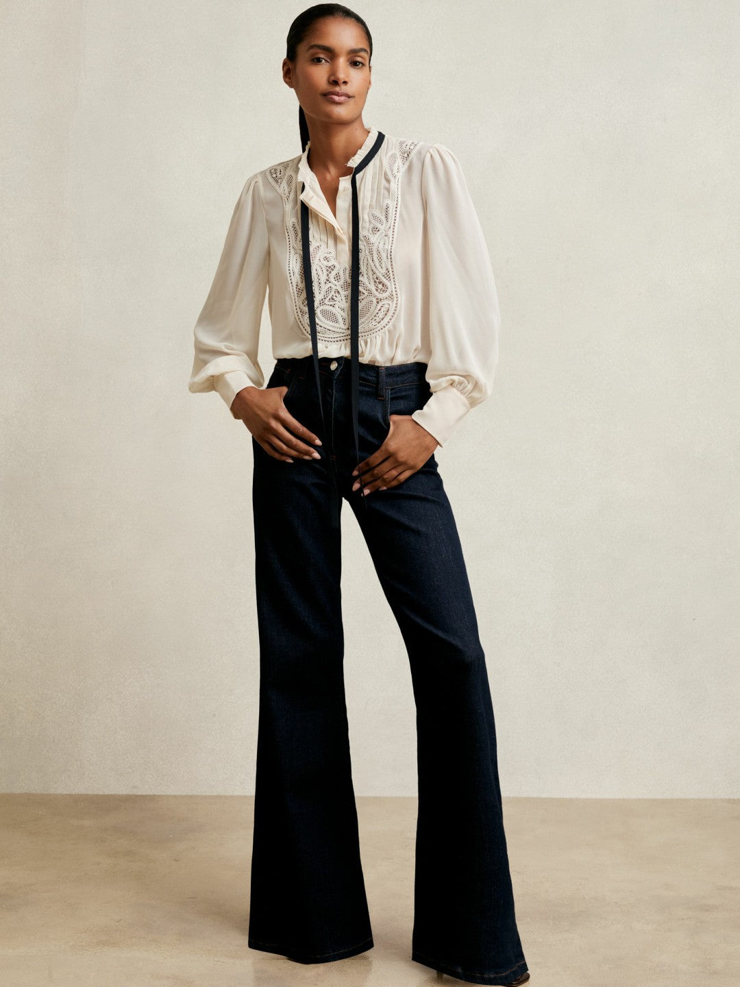 Lace-Embroidered Tie-Neck Shirt in Cream | Reiss Women Signature