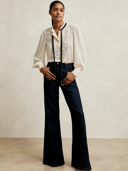Lace-Embroidered Tie-Neck Shirt in Cream | Reiss Women Signature