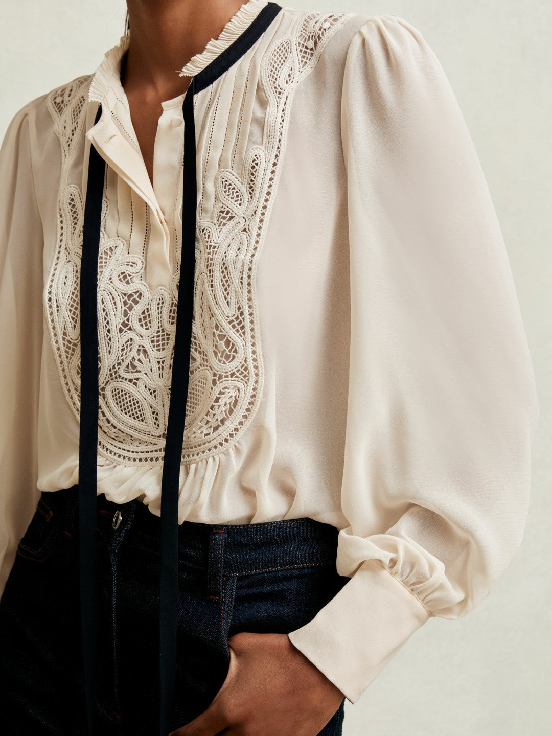 Lace-Embroidered Tie-Neck Shirt in Cream | Reiss Women Signature