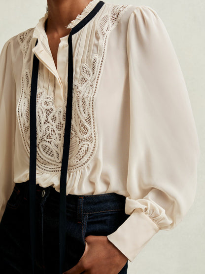 Lace-Embroidered Tie-Neck Shirt in Cream | Reiss Women Signature