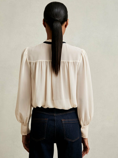Lace-Embroidered Tie-Neck Shirt in Cream | Reiss Women Signature