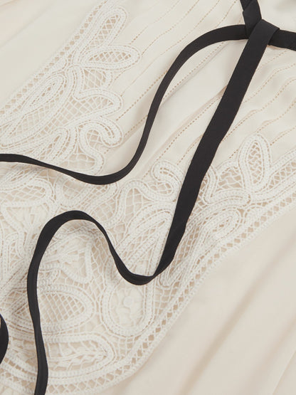 Lace-Embroidered Tie-Neck Shirt in Cream | Reiss Women Signature