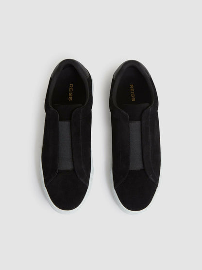 Suede Slip-On Elasticated Trainers in Black | Reiss Men Popular